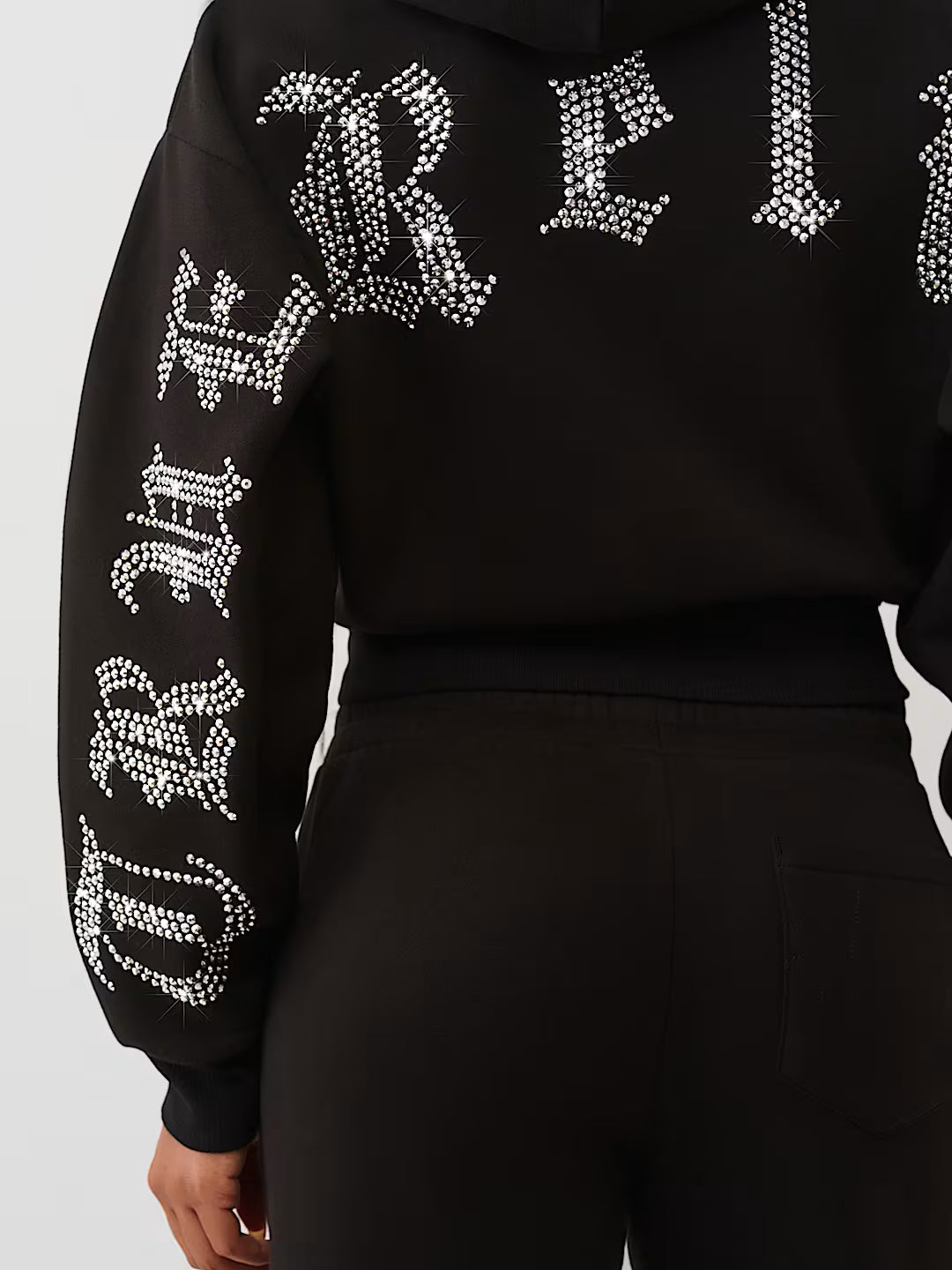 True Religion Women's Crystal Logo Cropped Zip Hoodie & Crystal Script Wide Leg Sweatpants - Jet Black