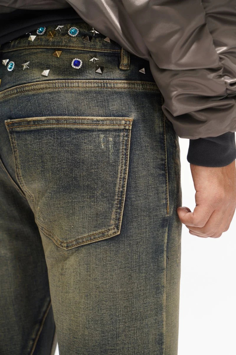 Valabasas "Ion" Waxed Stacked Flare Studded Jeans