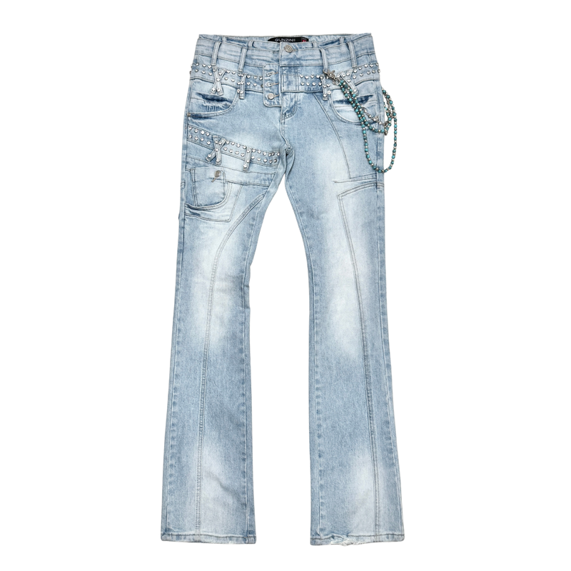 Gunzini Denim Light Blue Rhinestone Flare Jeans with Bead Chain