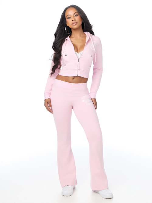 True Religion Women's Big T Crystal Horseshoe Shrunken Zip & Bootcut Pants Set