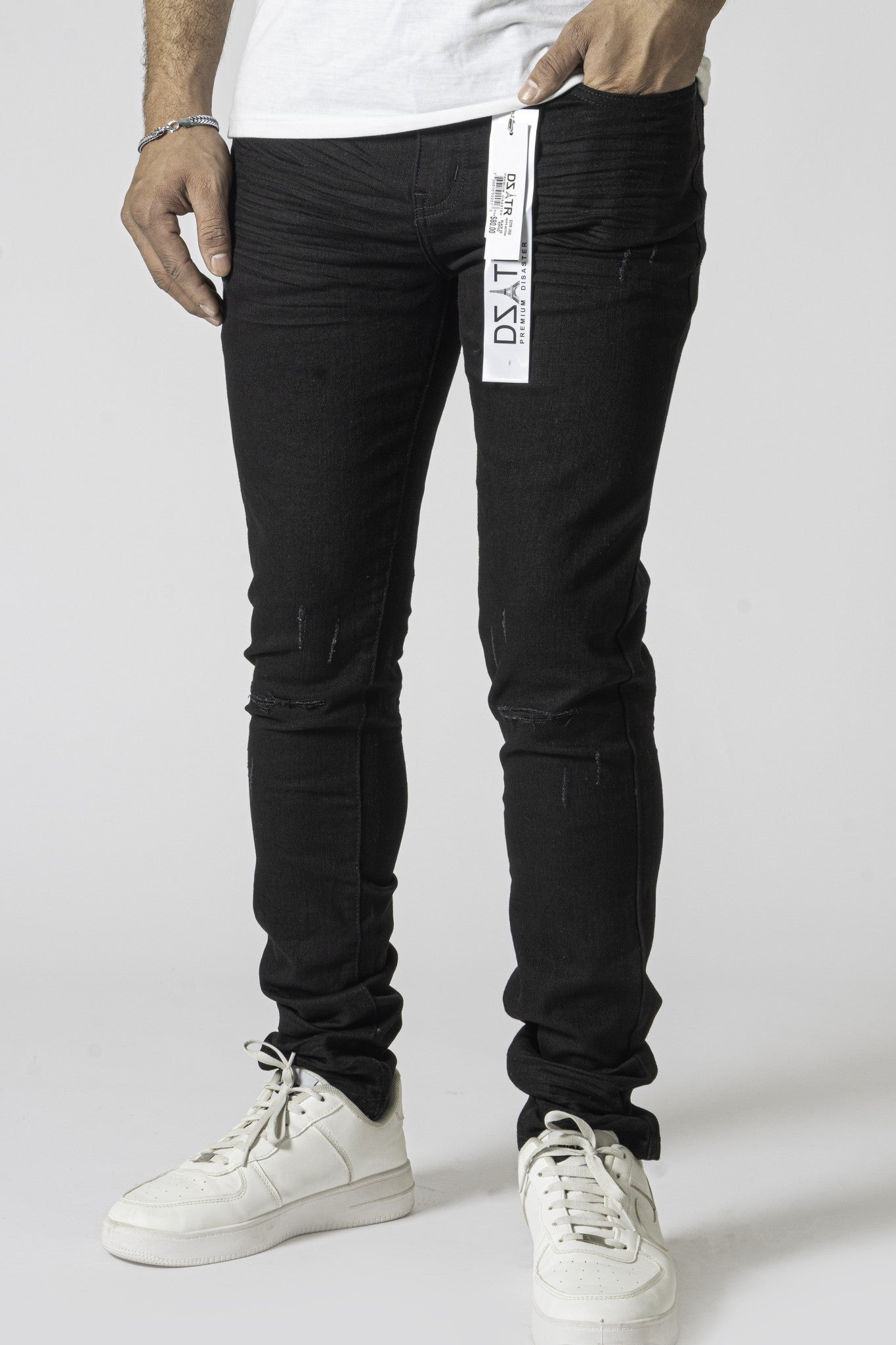 DZATR (Disaster) Ultra Skinny Strech Denim Jeans - Black 3D Rips