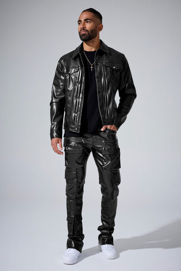 Jordan Craig "Trillest" Skinny Ross Stacked Leather Cargo Pants with Zipper