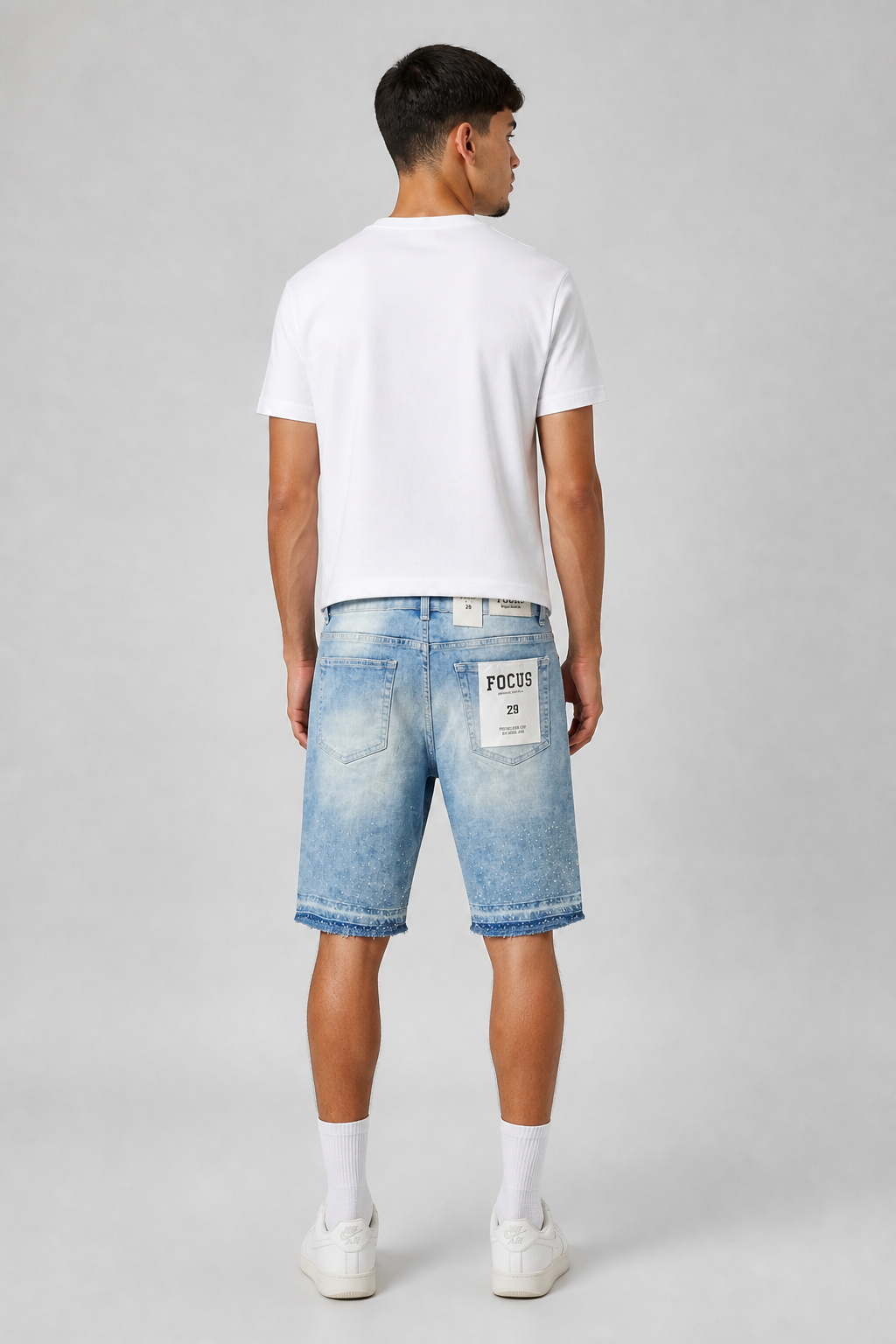 Focus Rhinestone Ripped Hem Jean Shorts