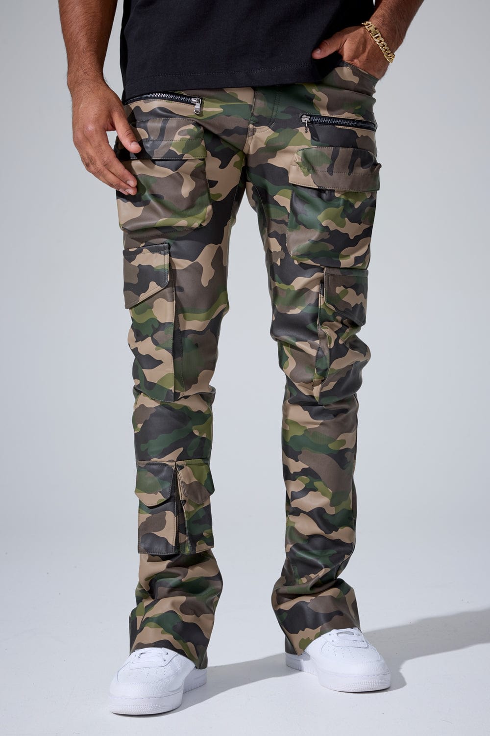 Jordan Craig "Trillest" Skinny Ross Stacked Leather Cargo Pants with Zipper