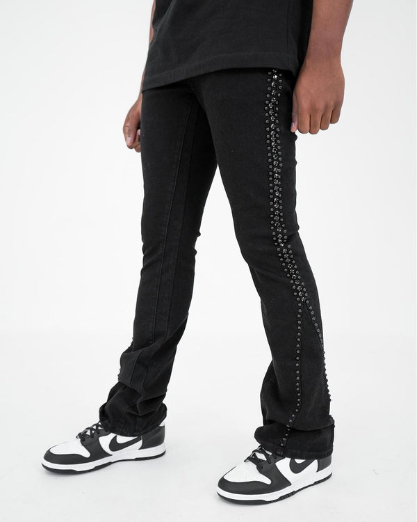 Preme Black Jet Black Flare Jean with Stones