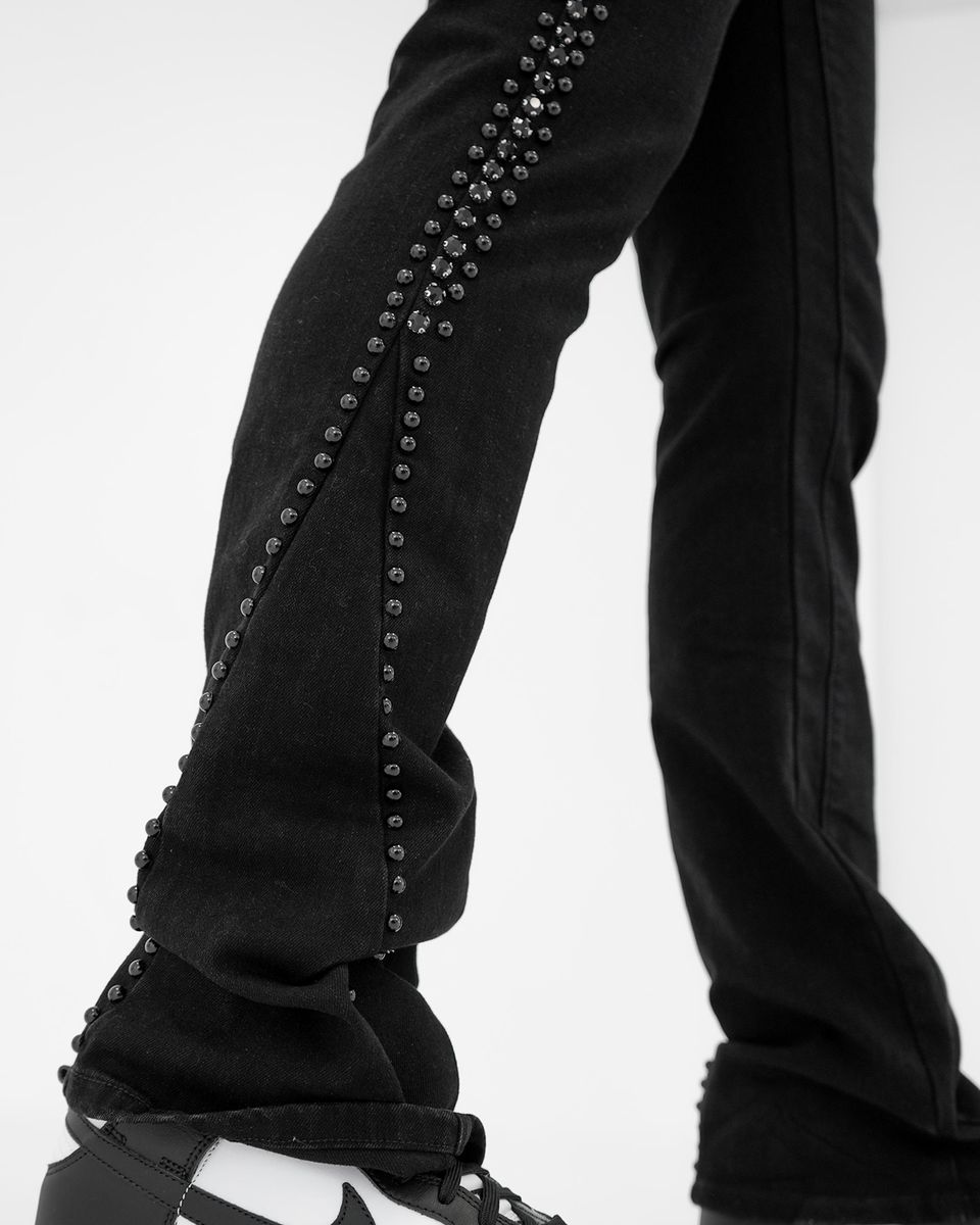 Preme Black Jet Black Flare Jean with Stones