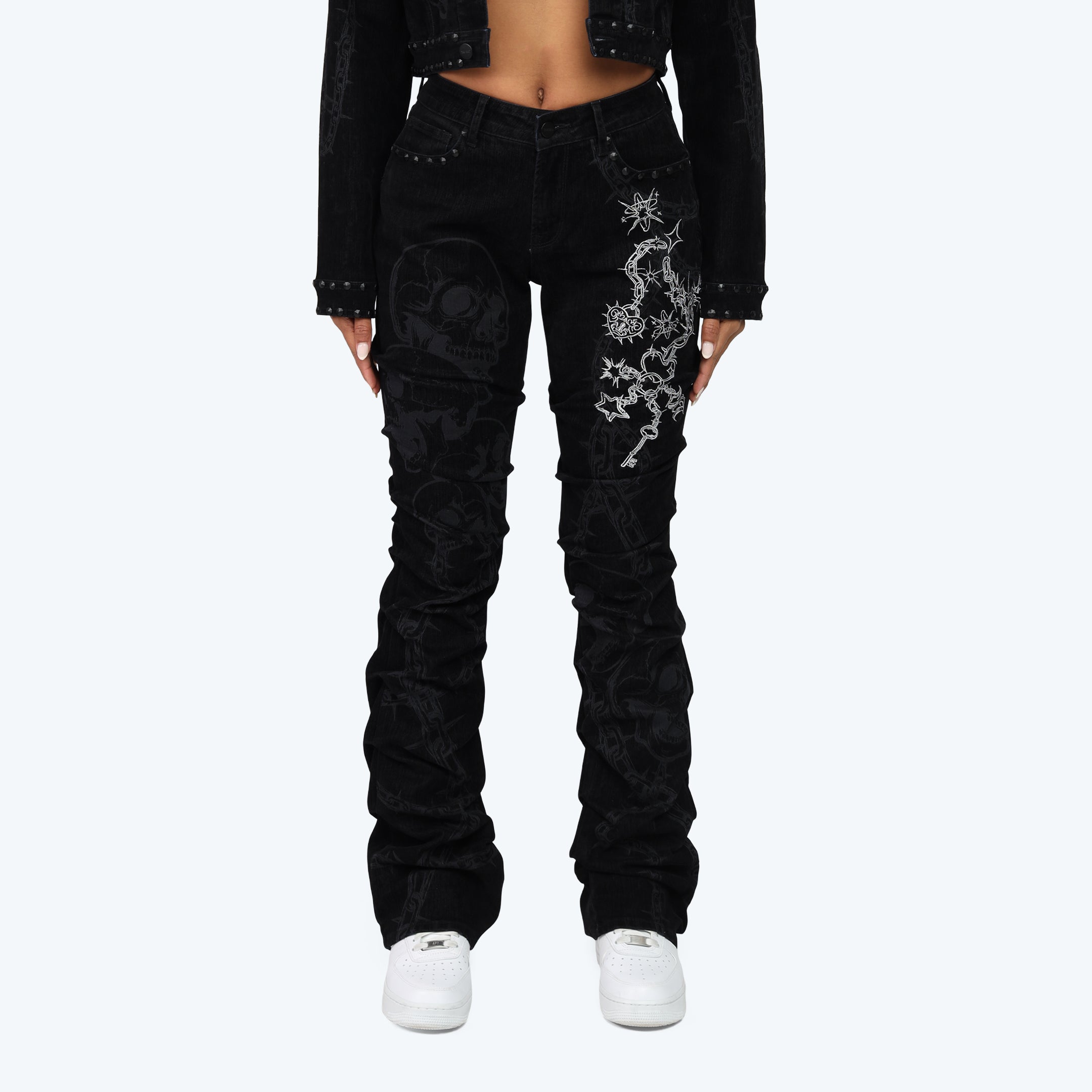 Smoke Rise Embroidered Jean Trucker Jacket Pinching Stack Set