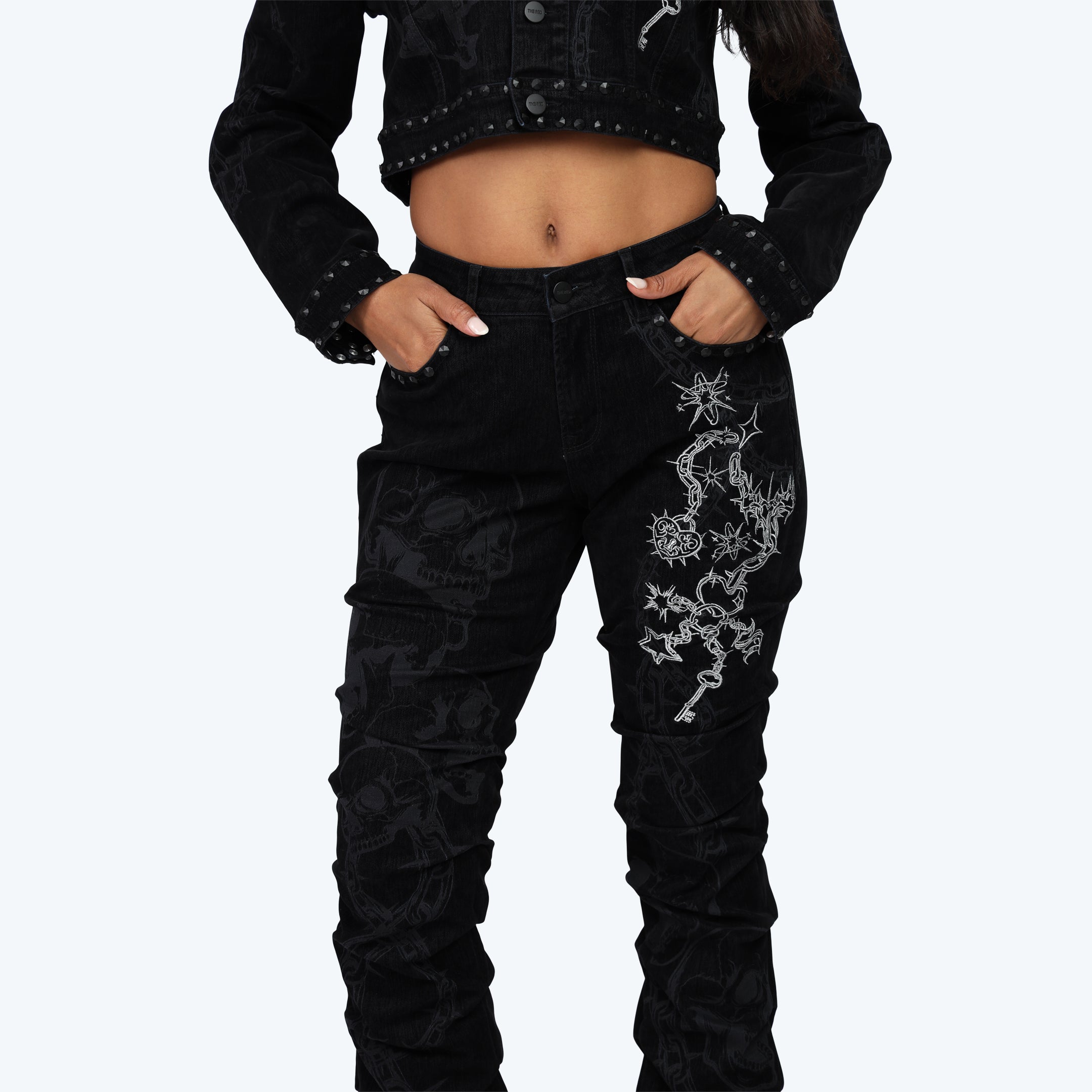 Smoke Rise Embroidered Jean Trucker Jacket Pinching Stack Set