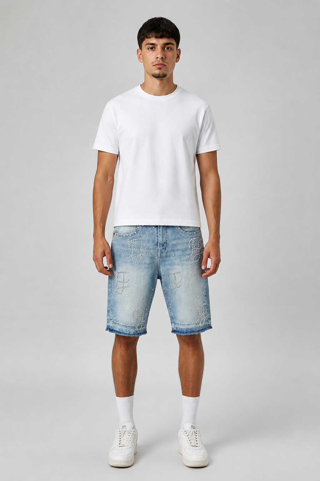Focus Rhinestone Ripped Hem Jean Shorts