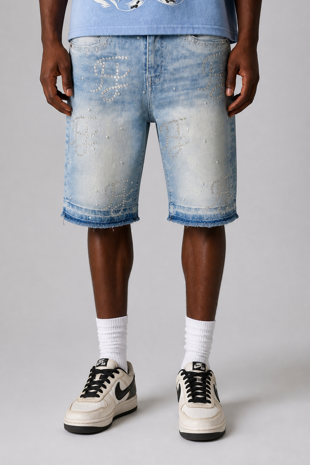 Focus Rhinestone Ripped Hem Jean Shorts
