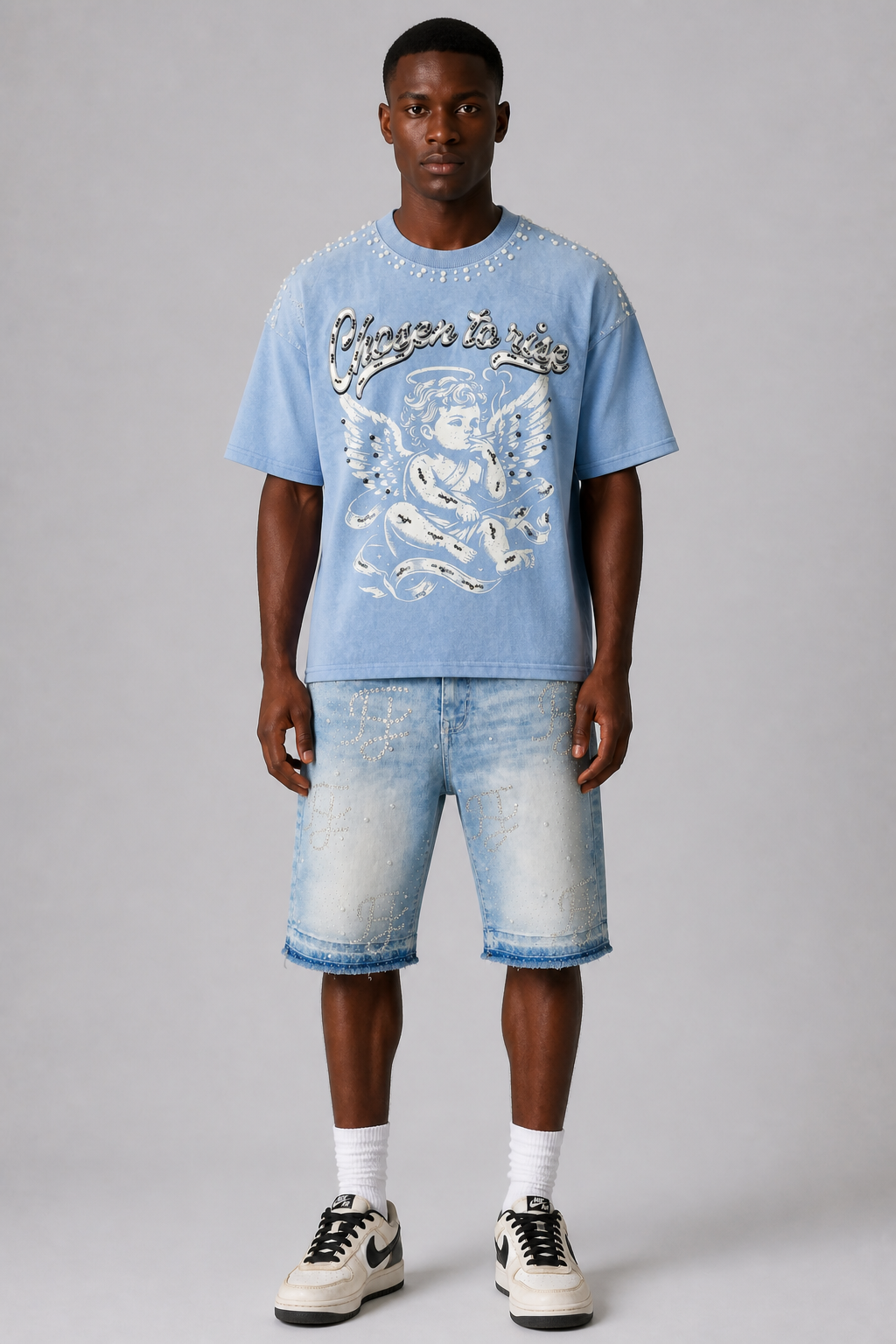 Focus Rhinestone Ripped Hem Jean Shorts