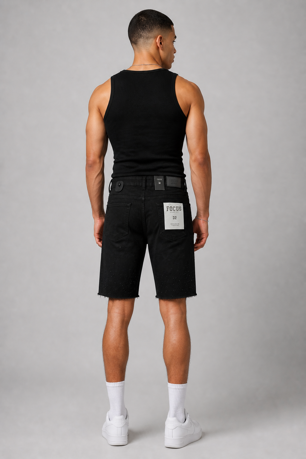 Focus Rhinestone Ripped Hem Jean Shorts