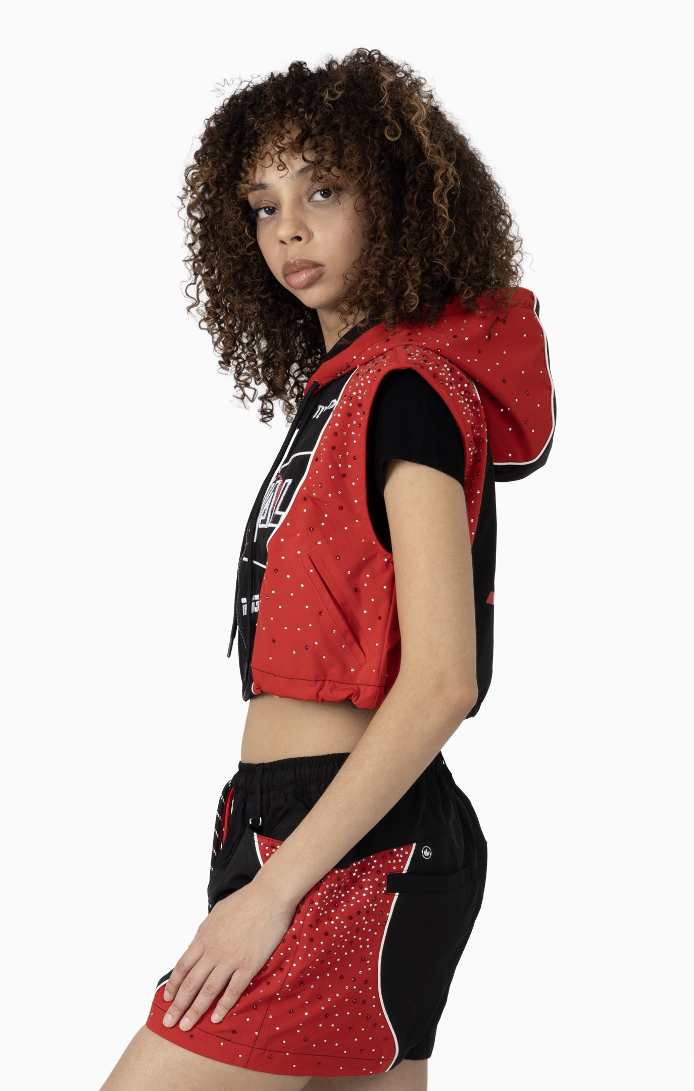 Smoke Rise Women's Rhinestone Slouch Color Cropped Windbreaker Vest & Shorts