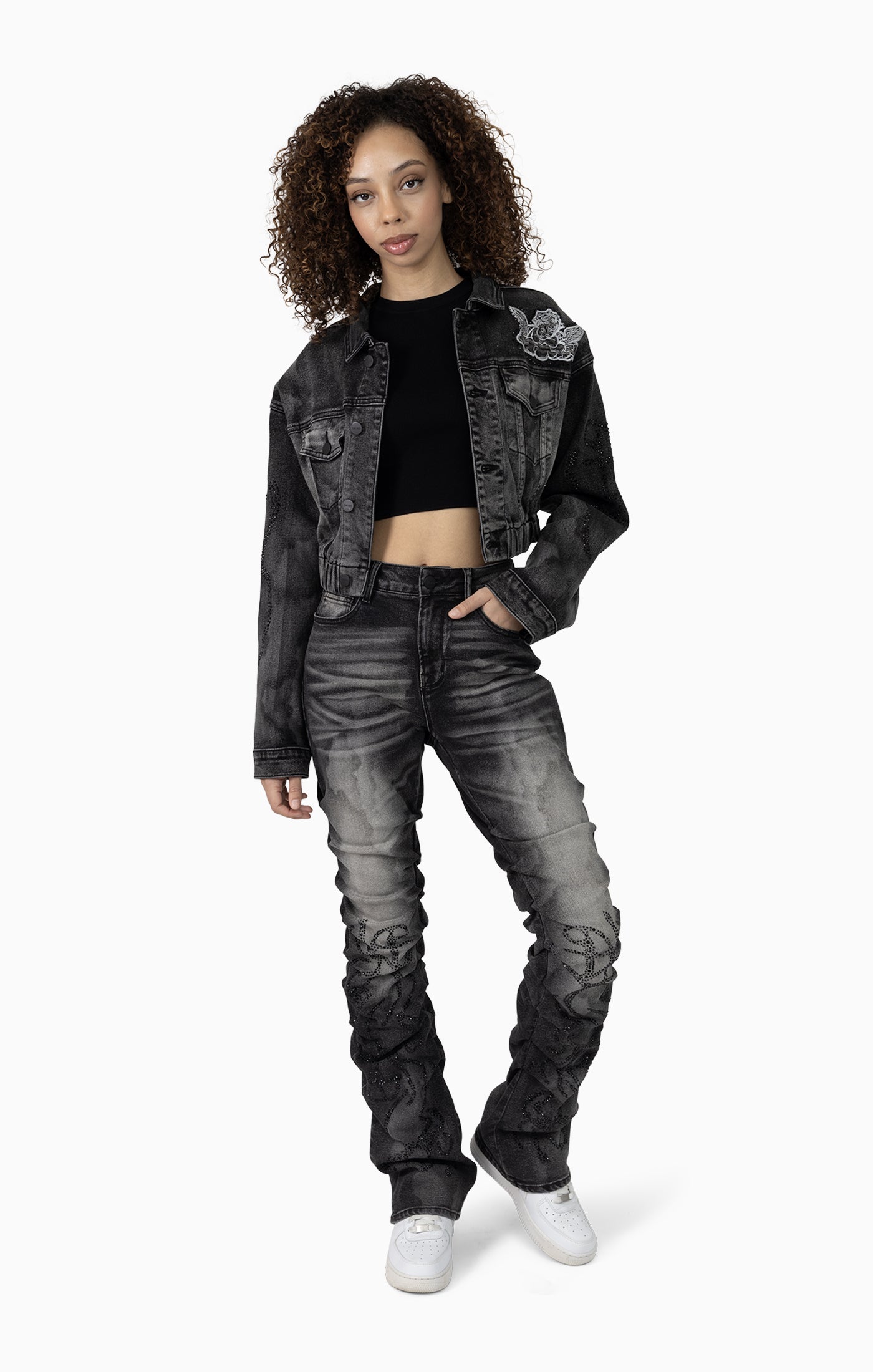 Smoke Rise Women's Drop Shoulder Patched Jacket & High Rise Printed Jean Set