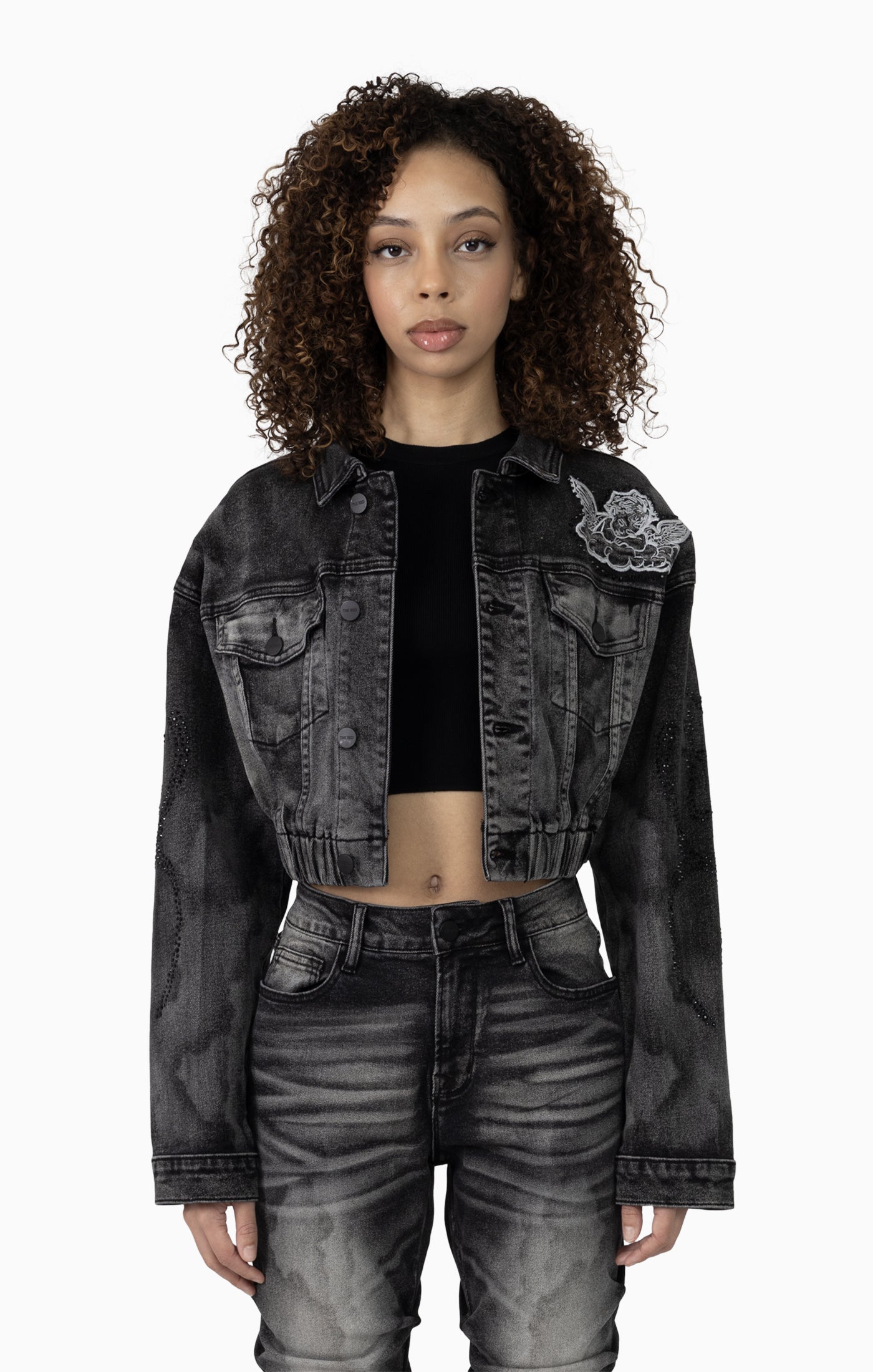 Smoke Rise Women's Drop Shoulder Patched Jacket & High Rise Printed Jean Set