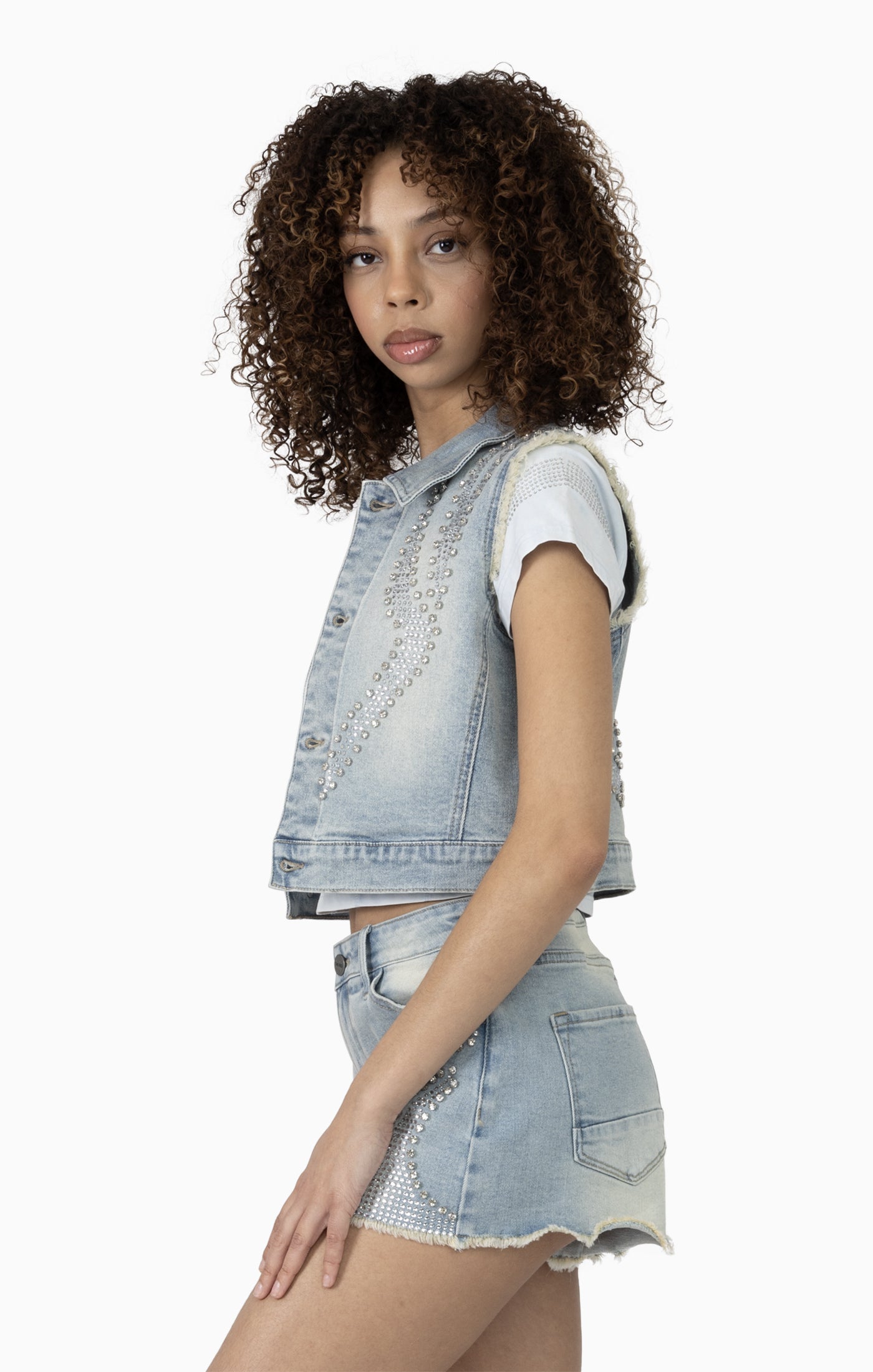 Smoke Rise Women's Rhinestone Cropped Trucker Vest & Slouch Shorts Set