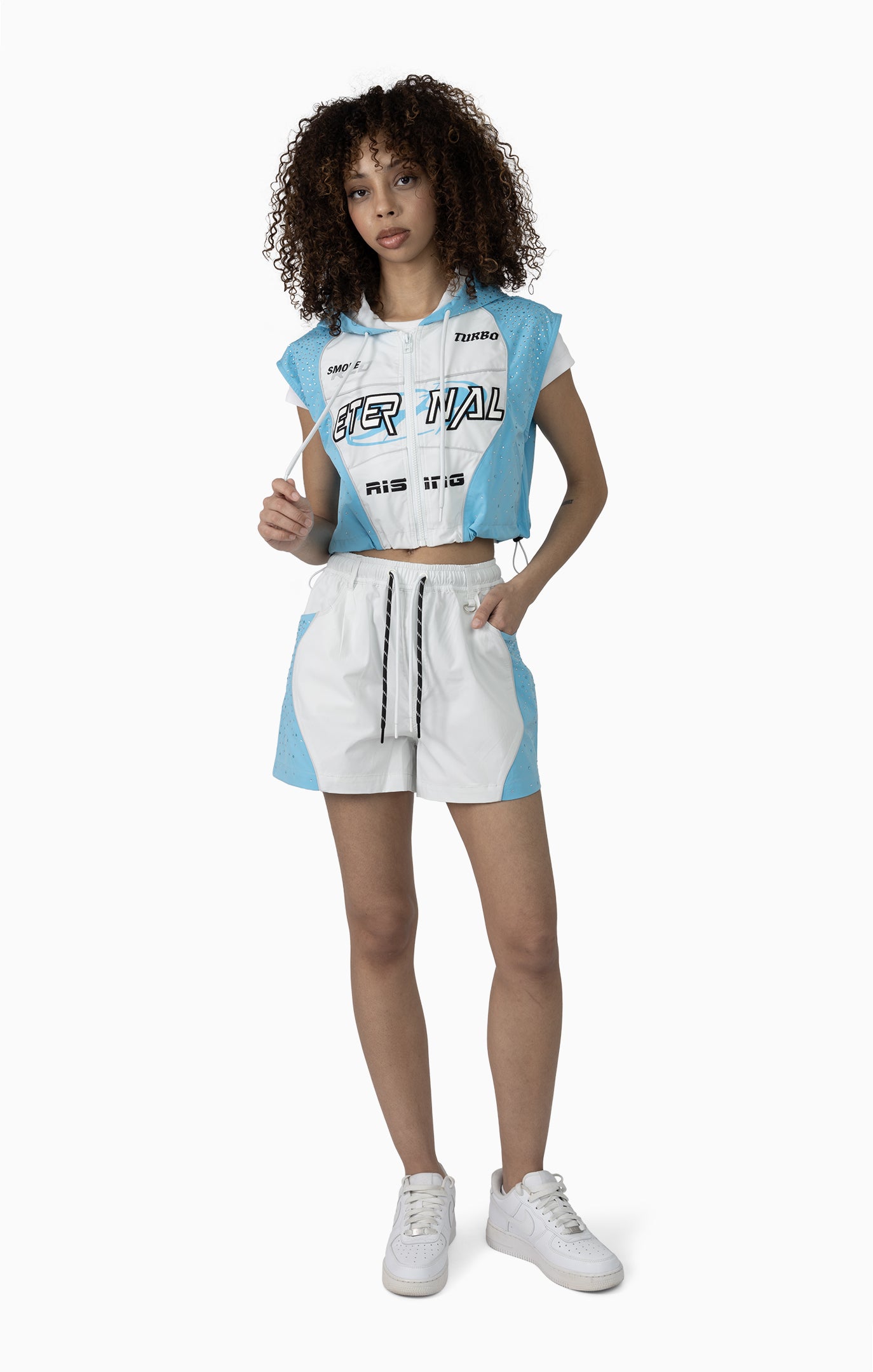 Smoke Rise Women's Rhinestone Slouch Color Cropped Windbreaker Vest & Shorts