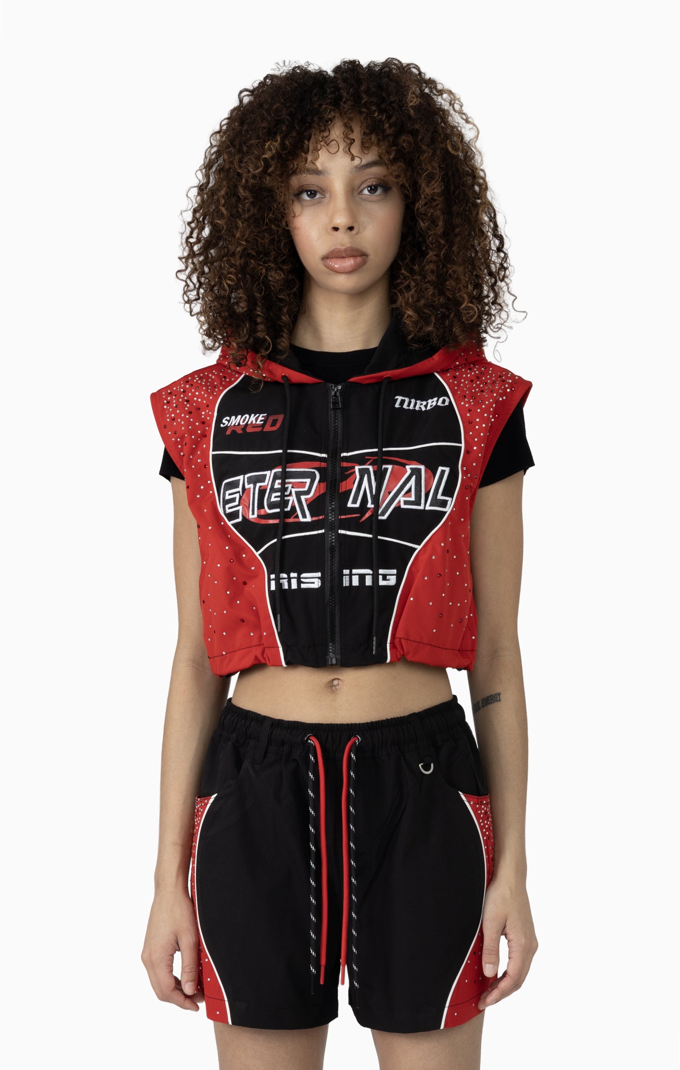 Smoke Rise Women's Rhinestone Slouch Color Cropped Windbreaker Vest & Shorts