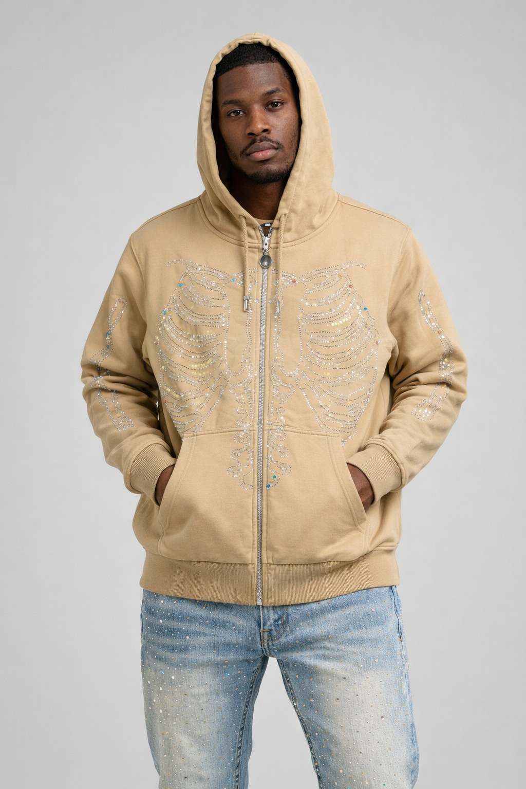 Reelistik "Skeleton" Tan Rhinestone Zip-up Hoodie