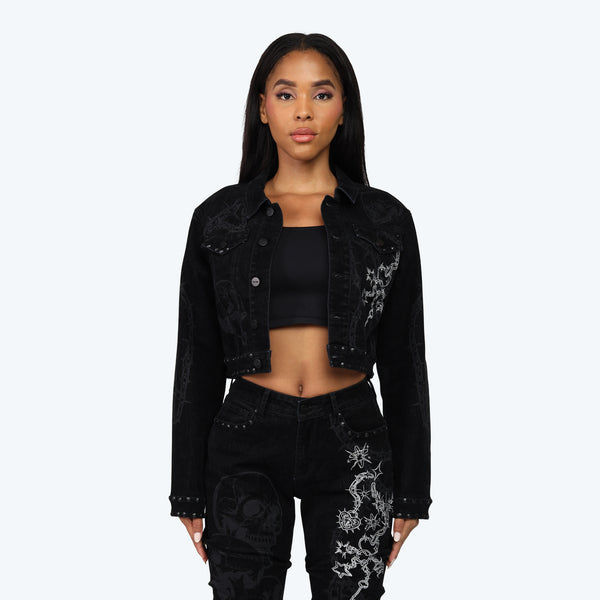 Smoke Rise Embroidered Jean Trucker Jacket Pinching Stack Set
