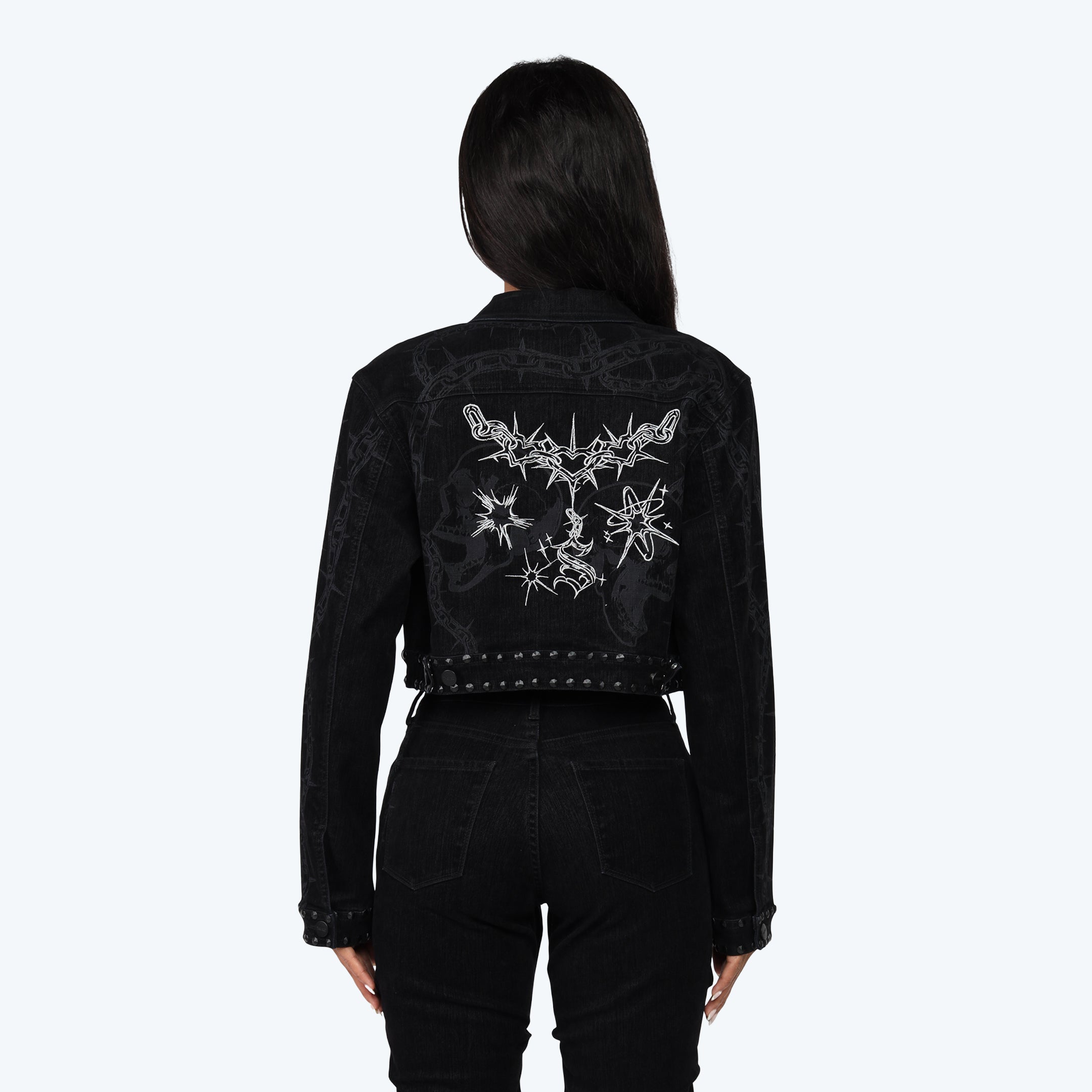 Smoke Rise Embroidered Jean Trucker Jacket Pinching Stack Set