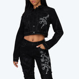 Smoke Rise Embroidered Jean Trucker Jacket Pinching Stack Set